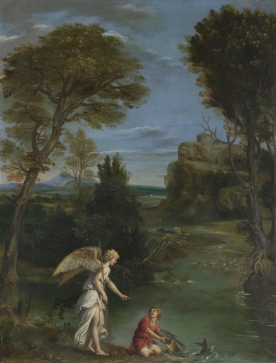 Landscape with Tobias Laying Hold of the Fish, c.1615 by Domenichino