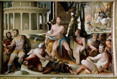 The Sacrifice of Codros, King of Athens. In the war against the Dorians, the last legendary king of Athens Codros died after learning from an oracle that victory would come to the people whose leader would be killed. Fresco by Domenico di Giacomo di Pace d by Domenico Beccafumi