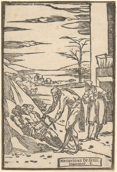 Vulcan binds the captured metals with a chain, Plate 4 of the series "De la Pirotechnia" by Domenico Beccafumi