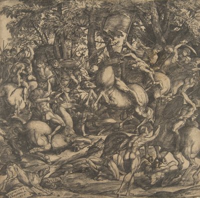 Group of Naked Men Engaged in Battle in a Wooded Landscape, Some on Horseback, a Dog at Their Feet, 1517 by Domenico Campagnola