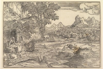 Landscape with Saint Jerome at left looking towards lion and bear fighting at center, ca. 1530-35 by Domenico Campagnola