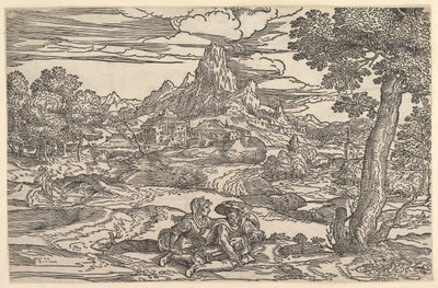 Landscape with a Woman Seated Next to a Man Playing a Hurdy-Gurdy by Domenico Campagnola