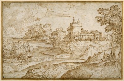 Mountainous landscape with a castello and other buildings by a river; a man hurrying a woman, c.1540 by Domenico Campagnola