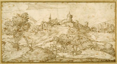 Mountainous landscape with a walled hill town: a shepherd accosted as he tends his flock in the foreground by Domenico Campagnola