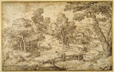 Wooded landscape with a farmstead and a wooden bridge over a sluice by Domenico Campagnola