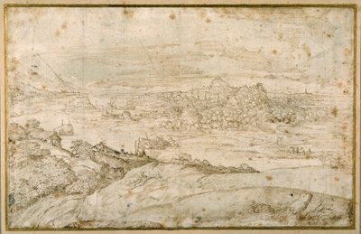 Wooded landscape with a winding river; in the distance a city, a mixture of spires and domes with antique ruins by Domenico Campagnola