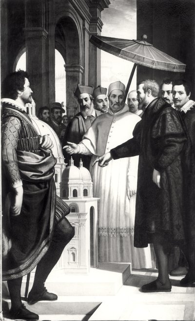Michelangelo (1475-1564) presenting a model of the dome of St. Peters to Pope Paul IV (1476-1559) by Domenico Cresti