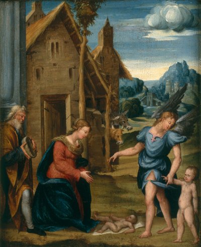 Adoration of the Child with Raphael and Tobias, c.1510 by Domenico workshop attr.to Panetti