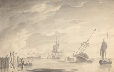 Battle Scene, Three Battleships, One Sinking; Figures on Left in Rowboat and Standing Pier by Dominic Serres
