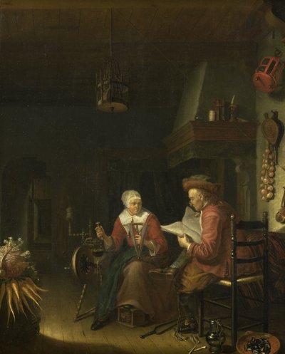 Interior with a Man Reading and a Woman Spinning Yarn by Dominicus van Tol