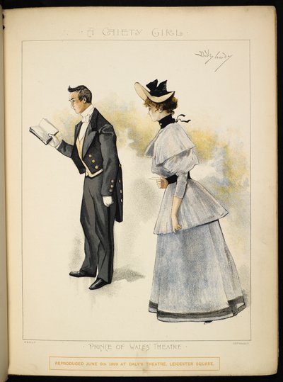 Two characters. A man reading a book and a lady by Dudley Hardy
