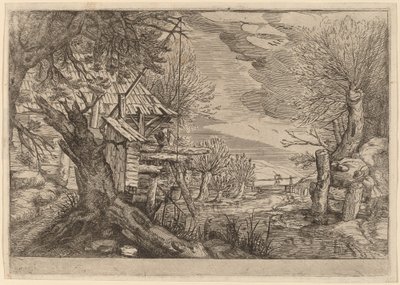 Landscape with Log House near a River by Dutch 17th Century, formerly Jacques de Gheyn II
