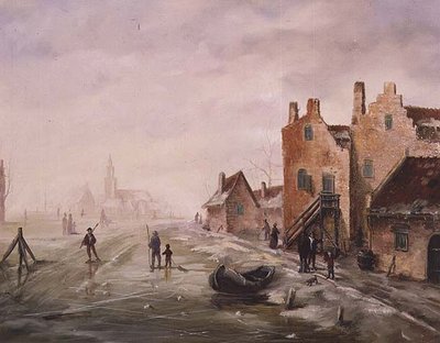 A Winter Landscape with Figures skating in the Foreground by Dutch School