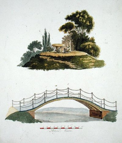 A rustic chair and table and an ornamental bridge, from 