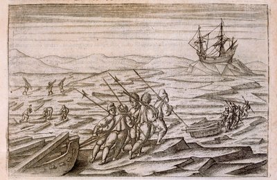 Collecting driftwood for the cabin in which the expedition wintered, illustration from Diarium Nauticum, seu vera descriptio trium navigationum admirandarum... by Gerrit de Veer by Dutch School