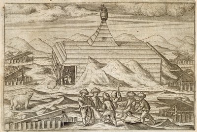 Crew killing and skinning bears, outside the cabin in which the expedition wintered, illustration from 