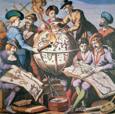 Frontispiece of Dutch Chart Atlas showing a group of cartographers and instruments, c.1710 by Dutch School
