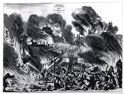 Great Fire in Yedo (Tokyo) in the 17th century, illustration from the account by Arnold Montanus of embassies sent by the Dutch East India Company to the Emperor of Japan, published in Amsterdam 1680 by Dutch School