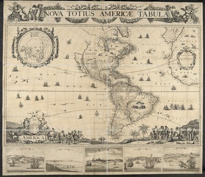 Map of America, Nova Totius Americae Tabula, with Views of Panama, Caput S. Augustini, Nieu Amsterdam, S. Salvador, Nombre D. Dios by Dutch School