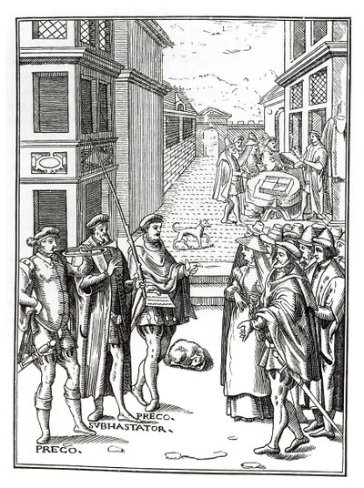 Sale by Town Crier, after a Woodcut in Praxis Rerum Civilium by Joos de Damhouder (1507-81) Published Antwerp, 1557 by Dutch School