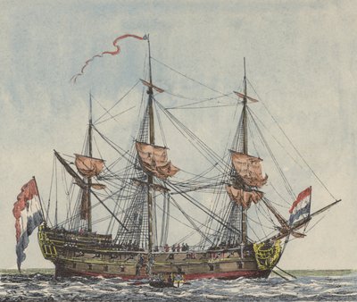 Ship of the Dutch East India Company (coloured engraving) by Dutch School