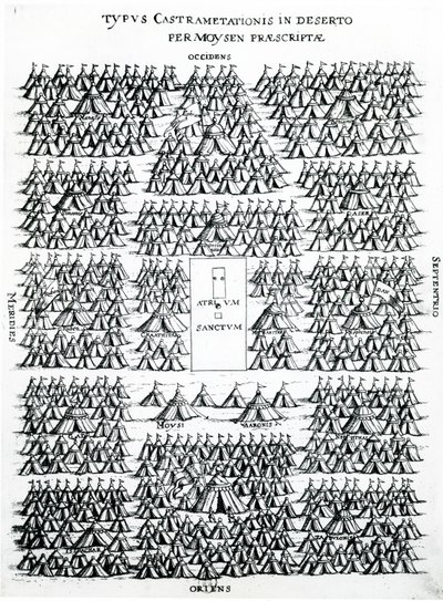 The Encampment of the Israelites in the Desert with the tents of Moses and Aaron, in the centre the Sacred Hearth, published in Holland by Dutch School
