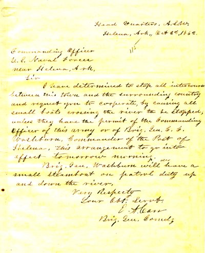 Letter from E. A. Carr, Helena, Arkansas, to the commanding officer of U.S. Naval forces near Helena, Arkansas, October 2, 1862 by E.A. Carr