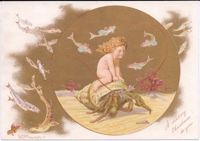 A Victorian Christmas card of a hermit crab in a shell being ridden by a water baby surrounded by a shoal of fish, by Gertrude Thompson by E. Gertrude Thompson