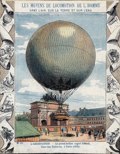 Operation of inflation and equipment of the captive balloon of Henry Giffard at the Tuileries in Paris 1878 - From a protective sleeve for school books, late 19th century - illustration by E Letellier by E. Letellier