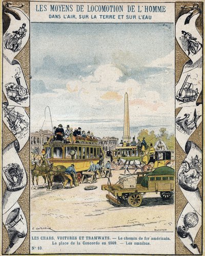 Traffic on Place de la Concorde in Paris in 1869: horse drawn omnibus and tramway line - From a protective sleeve for school books, late 19th century by E. Letellier