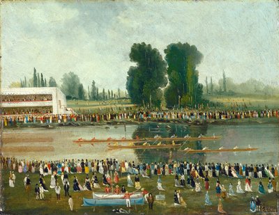 Rowing Scene: Crowds Watching from the River Banks by E. Levy