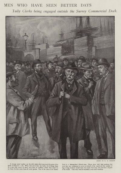 Men Who Have Seen Better Days: Tally Clerks Being Engaged Outside the Surrey Commercial Dock, London by E. S. (after) Hodgson