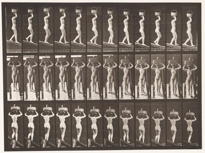 Descending Incline, 20-lb Basket on Head, Hands Raised by Eadweard Muybridge