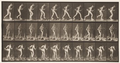 Crossing Brook on Stepstones with Fishing-Pole & Basket by Eadweard Muybridge