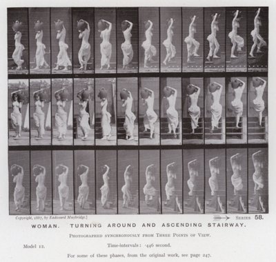 The Human Figure in Motion: Woman, turning around and ascending stairway by Eadweard Muybridge