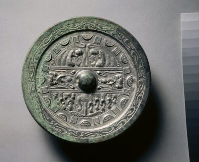 Mirror Featuring Deities and Kings in Three Sections Surrounded by Rings of Squares and Semicircles by Eastern Han Dynasty Chinese School
