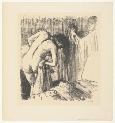 Woman Drying Herself After Bath and Receiving Clothes from Another Woman by Edgar Degas