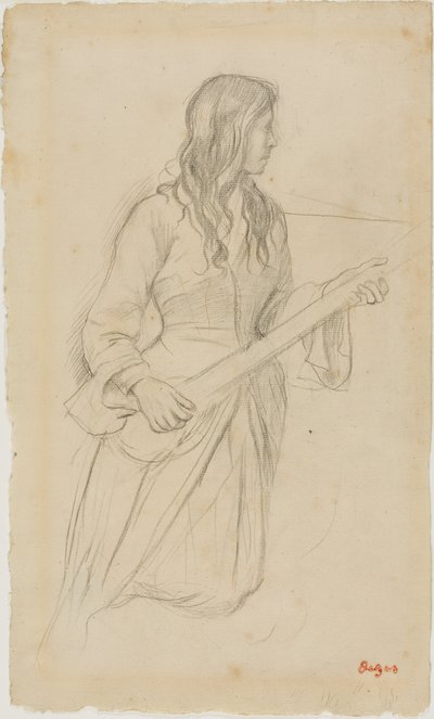 Young Woman Playing a Mandolin, Study for Portrait of Mlle. Fiocre in the Ballet "La Source" by Edgar Degas