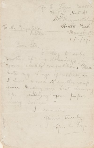 Letter to a Newspaper Competition Editor, 1 November 1917 by Edgar Fryer