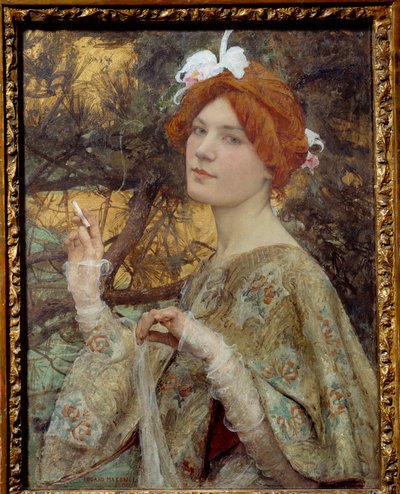 A Young Redhead Woman Holding A Cigarette In Her Hand And Wearing An Orchid In Her Hair by Edgar Maxence