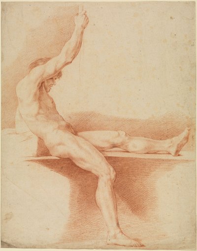 Seated Male Nude Facing Right with Raised Left Leg and Raised Right Arm by Edmé Bouchardon