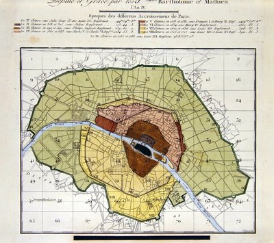 Detail of Atlas du Plan General de la Ville de Paris, showing the different additions throughout history to the city by Edme Verniquet