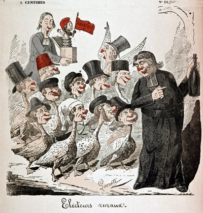 Rural voters: voters represented as geese and attracted by a priest with alcohol - drawing by Lavrate by Edmond Lavrate