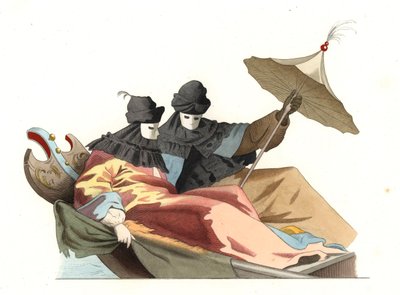 Venitians wearing the bauta mask, Italy 18th century, based on a painting by Giovanni Antonio Canal dit Canaletto - Lithography based on an illustration by Edmond Lechevallier-Chevignard, from Historical Costumes by Edmond Lechevallier Chevignard