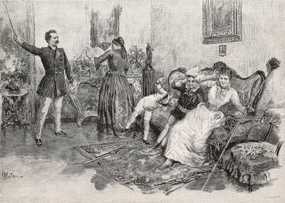 Two women and two children scared by intimidating man, engraving from illustration by Edoardo Matania to the book Military Life in Italy by Edmondo De Amicis, from L