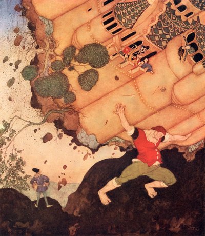 Hi friend, take the whole castle with the Queen and all that it contains on your shoulders, illustration from the Belgian fairytale The Seven Conquerors of the Queen of the Mississippi, from Edmund Dulac