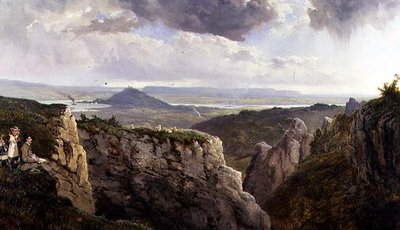 The Elbor Rocks looking towards Glastonbury, with the artist, E.J. Niemann, painted by A.F. de Prades by Edmund John Niemann