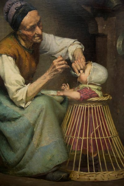 An Old Woman Feeds Her Granddaughter Held in a Wicker Baby Walker by Edouard Jerome Paupion