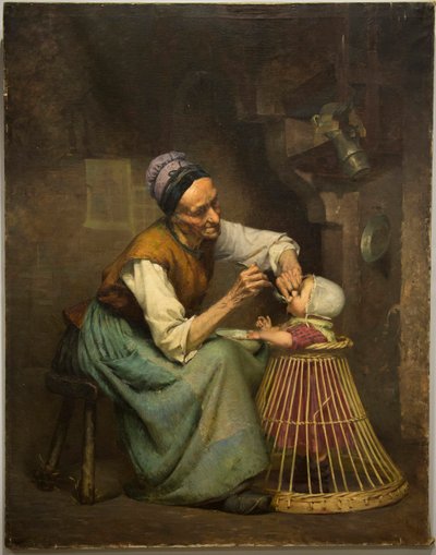 An Old Woman Feeds Her Granddaughter Held in a Wicker Baby Walker by Edouard Jerome Paupion