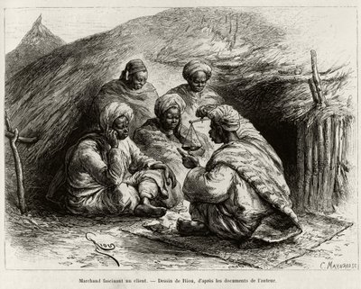A merchant fascinating a customer. Engraving by Riou, to illustrate the story From Niger to the Gulf of Guinee by Captain Louis Gustave Binger by Edouard Riou